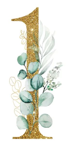 Złoty Brokat Numer Ozdobiony Akwarelowymi Gałęziami Eukaliptusa Odizolowanymi Biało Liczby — Zdjęcie stockowe