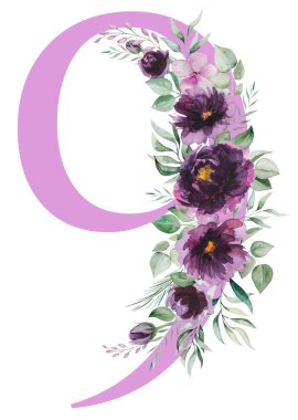 9 numaralı suluboya, beyaza izole edilmiş çiçek buketiyle süslenmiş. Mor, lavantalı, pembe çiçekli, yeşil yapraklı. Düğün kartları, tatil kırtasiyesi ve el işi için dokuz numara.