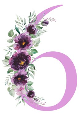6 numaralı suluboya, beyaza izole edilmiş çiçek buketiyle süslenmiş. Mor, lavantalı, pembe çiçekli, yeşil yapraklı. Düğün kartları, tatil kırtasiyesi ve el işi için altı numara.