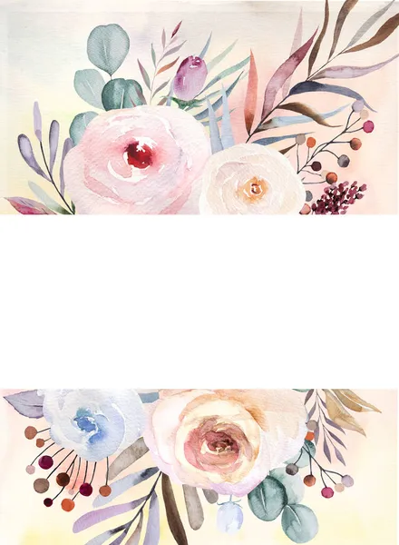 Moldura Aquarela Floral Inverno Com Folhas Pastel Bagas Flores Com — Fotografia de Stock