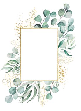 Suluboya yeşil okaliptüs dalları ve dikdörtgen altın çerçeve çizimi ile beyaz üzerine izole edilmiş düğün durağanlığı, tebrik kartları, duvar kağıtları, el işi. Yeşil El çerçeveyi boyadı. metin için yer ile