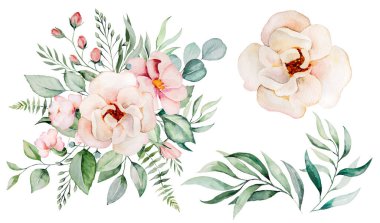 Suluboya pembe çiçekler ve yeşil yapraklar buketi ve düğün kırtasiyesi, tebrik kartları, duvar kağıtları, el işi için beyaza izole edilmiş tek element çizimi. Pastel Çiçek El resim çerçevesi metin için kullanılacak