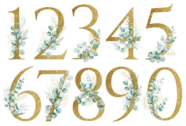 Goldene Glitzernde Zahlen Verziert Mit Aquarell Eukalyptuszweigen Vereinzelt Auf Weiß — Stockfoto