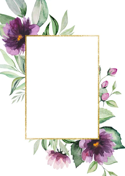 水彩缤纷的紫色牡丹花朵下缀着绿色的叶子金黄色的矩形框架插图与复制空间隔离在白色的婚礼固定 问候卡 手工制作 绿色手绘框架 有文字的地方 — 图库照片