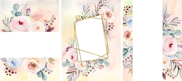 Molduras Aquarela Floral Inverno Com Folhas Pastel Bagas Flores Com — Fotografia de Stock