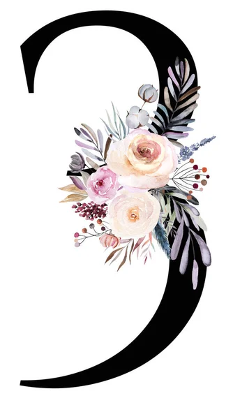 花色3番は白で隔離されたパステル冬の花束で飾られています 果実と青 紫とピンクの花で冬のブー花数 結婚式のカード 休日の文房具 工芸品のための3番 — ストック写真