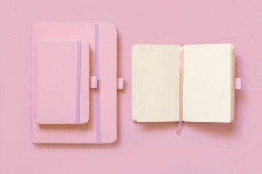 Açık pembe üst görüntüde diğer ikisinin yanında açık pembe defter var. Ders kitabı maketi, planlamacı kapağı ve bir sürü metin. Eğitim, iş ve organizasyon kavramı
