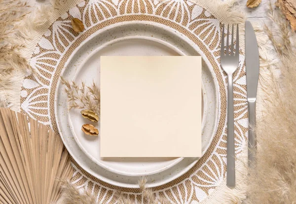 Wedding Table Place Square Blank Card Plate Bohemian Placemat Top — Stock Photo, Image