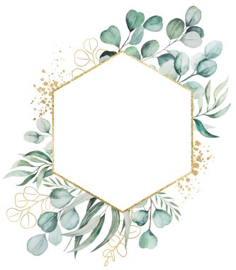 Açık yeşil okaliptüs dalları suluboya, geometrik altın çerçeve çizimi, beyaz üzerine izole edilmiş, düğün durağanlığı, tebrik kartları, duvar kağıtları, el işi. Yeşil El çerçeveyi boyadı. metin için yer ile