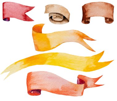 Klasik Pembe, kırmızı, sarı ve turuncu suluboya pankartlar ve beyaza izole edilmiş kopya alanı. Tatil ve düğün kırtasiyesi ve tebrik kartları için suluboya kurdele çizilmiş.