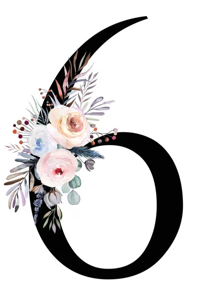 Blommig Akvarell Nummer Dekorerad Med Pastell Vinter Bukett Isolerad Vitt — Stockfoto
