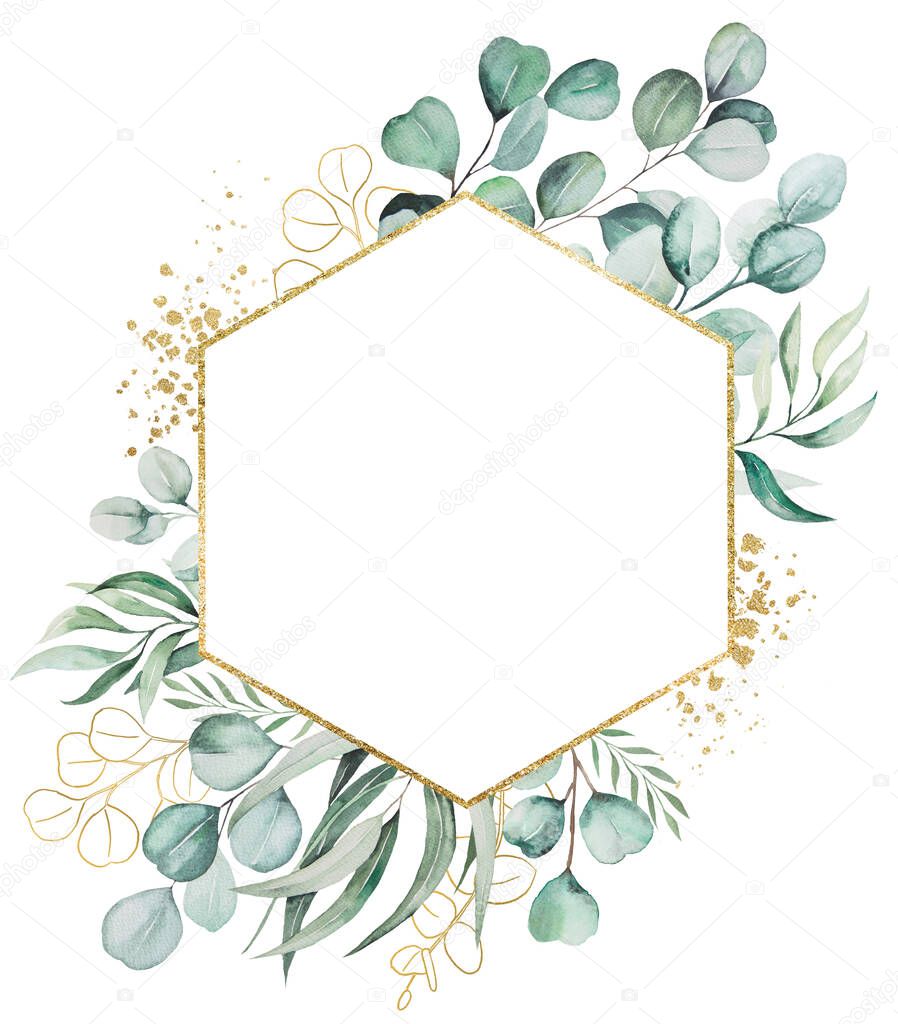 Watercolor light green eucaliptus branches and leaves geometric golden frame illustration with copy space isolated on white for wedding stationary, greetings cards, wallpapers, crafting. Greenery Hand painted frame. with place for text