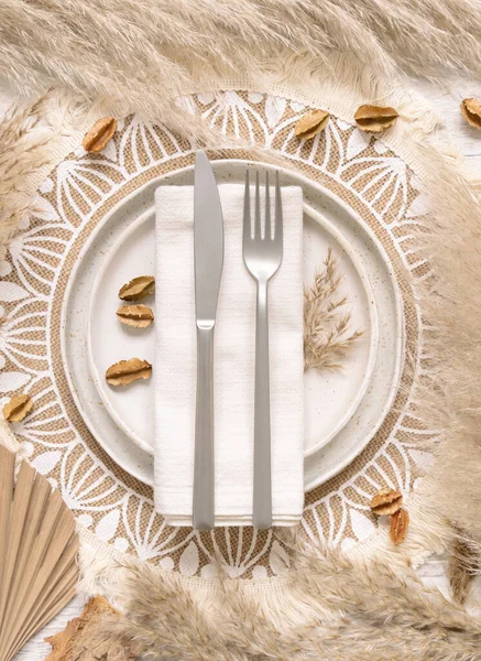 Wedding Table Place Fork Knife Napkin Bohemian Placemat Top View — Stock Photo, Image