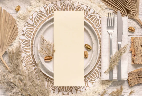 Wedding Table Place Vertical Blank Card Plate Bohemian Placemat Top — Stock Photo, Image