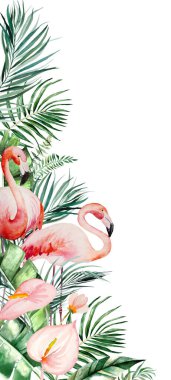 Tropikal yapraklar ve çiçek resimleriyle suluboya flamingo sınırı. Düğün tasarımı için Yeşil Element, tebrik kartları ve el işi