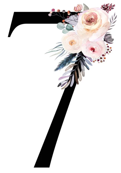 Floral Watercolor Nomor Dihiasi Dengan Buket Musim Dingin Pastel Yang — Stok Foto