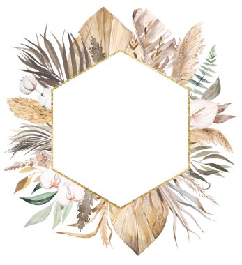 Tropikal ve pamuk çiçekli suluboya bohem çerçeve, kurutulmuş palmiye yaprakları ve fotokopi alanı izole edilmiş pampa otu çizimi. Düğün tasarımı için bej elementler, tebrik kartları, el işi.