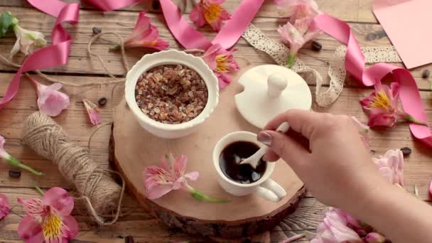 Stir Sugar Coffee Cup Wooden Table — Video