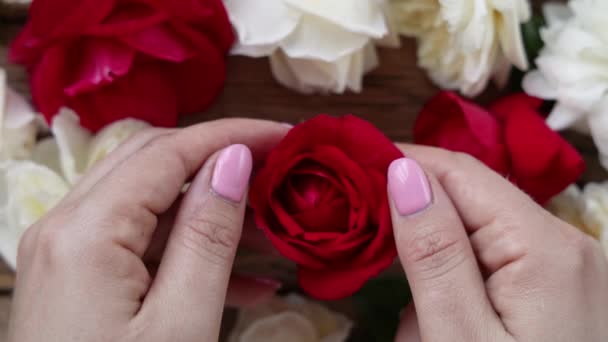 Las Manos Alejarse Una Cámara Roja Rosa Vista Superior Cerca — Vídeos de Stock