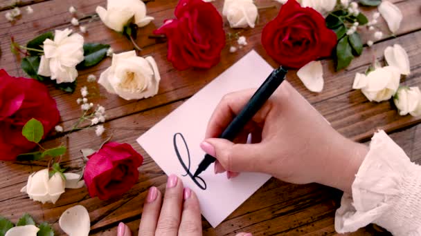 Writing February Card Flowers Close — стоковое видео
