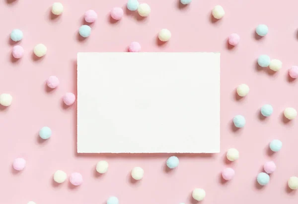 Blank Card Pastel Pom Poms Light Pink Top View Romantic — Stock Fotó