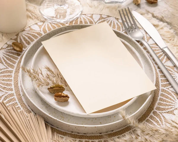 Romantic Wedding Table Place Bohemian Placemat Blank Card Plate Dried — Fotografia de Stock