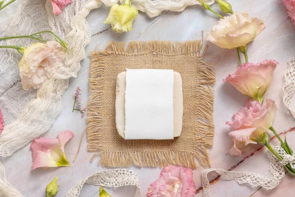 Soap Bar Laying Marble Table Pink Flowers Petals Vintage Ribbons — Stockfoto