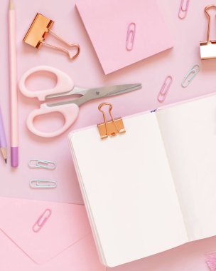 Pasta pembesi, top view, ders kitabı maketleri üzerine açık defter ve pembe okul aksesuarları. Makas, kalem, ataç, yapışkan kağıt ve zarflı kız işyeri. Okul konseptine dönelim.
