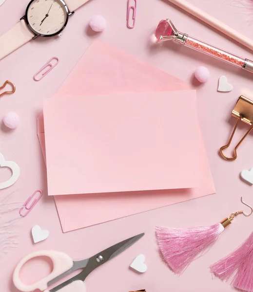 Pink Paper Card Envelope School Accessories Hearts Pastel Pink Top — Stock Photo, Image