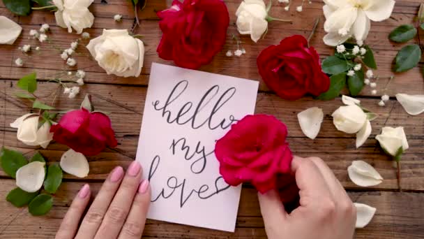 Hands Hello Love Card Wooden Table Top View — Stock video