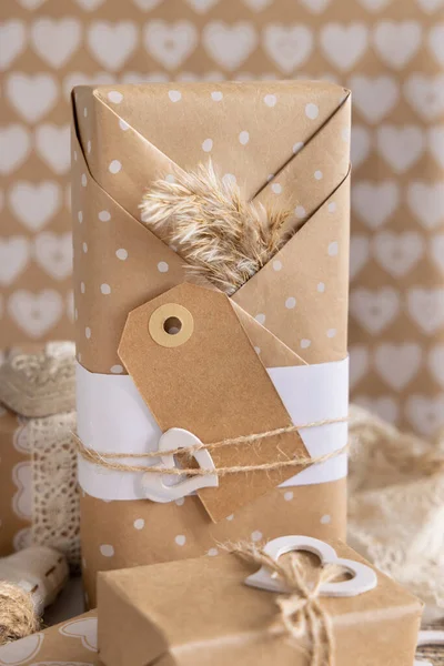 Valentines Kraft Paper Wrapped Present Vertical Gift Tag Hearts Pampas — Zdjęcie stockowe