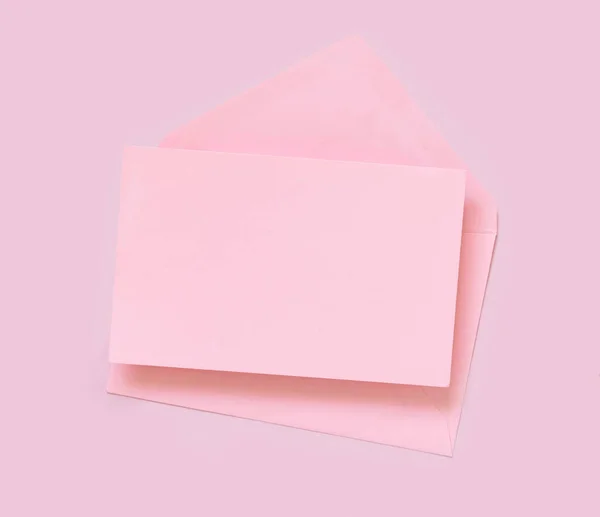 Pink Paper Card Envelope Pink Top View Minimal Scene Blank — Stock Photo, Image