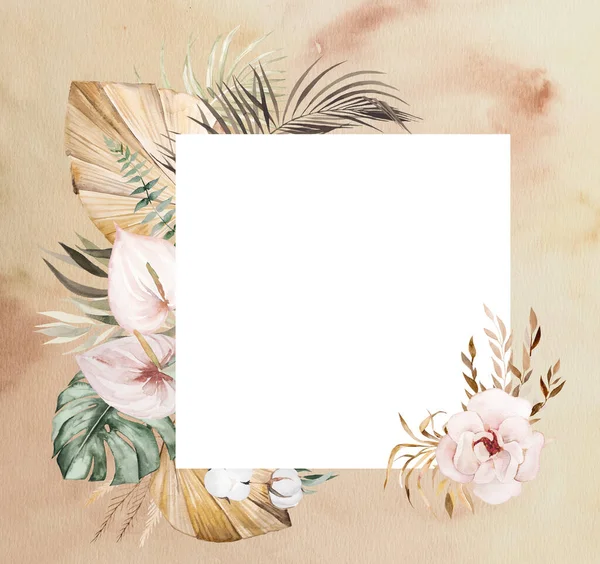 Aquarelle Cadre Carré Bohème Avec Des Fleurs Tropicales Coton Feuilles — Photo