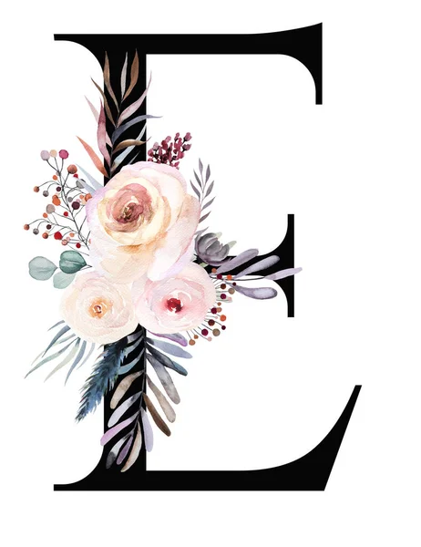 Black Letter Pastel Watercolor Winter Bouquet Isolated White Winter Boho — Stock Photo, Image