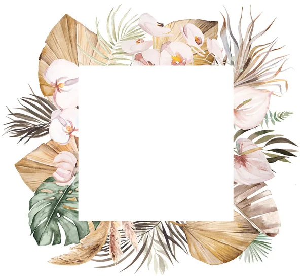 Watercolor Bohemian square frame with tropical and cotton flowers, dried palm leaves and pampas grass illustration with copy space isolated. Beige Element for wedding design, greetings cards, crafting