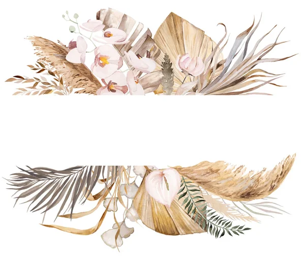 Akvarel Český Horizontální Rám Tropickými Bavlněnými Květy Sušenými Palmovými Listy — Stock fotografie
