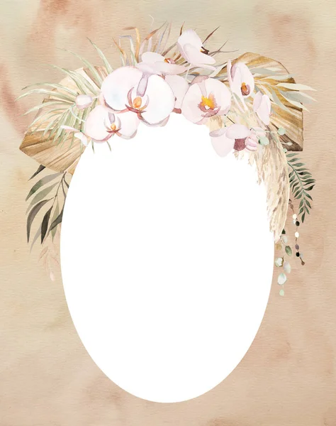 Watercolor Bohemian Oval Frame Tropical Cotton Flowers Dried Palm Leaves — 图库照片