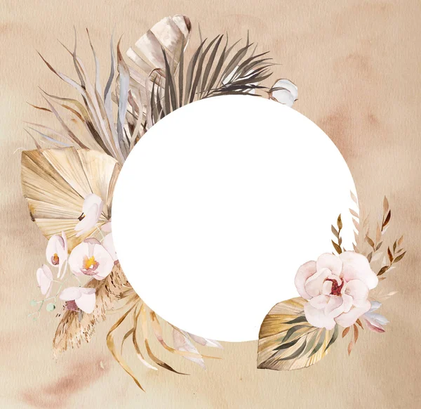 Akvarell Bohemisk Rund Ram Med Tropiska Och Bomull Blommor Torkade — Stockfoto
