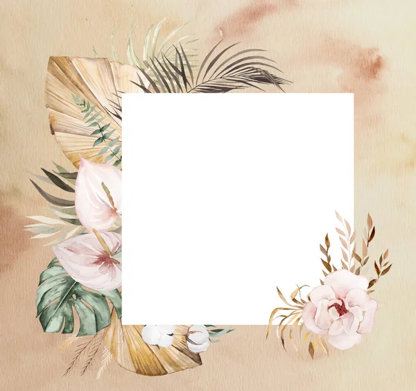水彩画波希米亚方格框 带有热带和棉花 干燥的棕榈叶和带水彩画背景的潘帕斯草 复制空间 婚纱设计和工艺的米色元素 — 图库照片