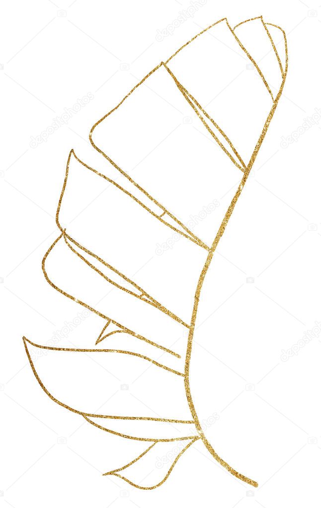 Golden Outlines tropical banana leaf illustration. Elegant Element for wedding design, greeting cards and crafting, place for text