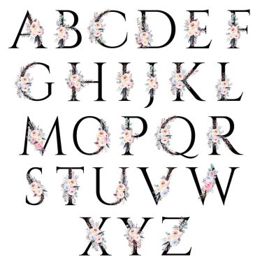 Pastel suluboya kış buketli siyah harfler beyaza izole edilmiş. Yaprakları, böğürtlenleri ve çiçekleri mavi, lavantası ve pembesi olan kış mektupları. Düğün tasarımı için alfabe çiçek elementleri