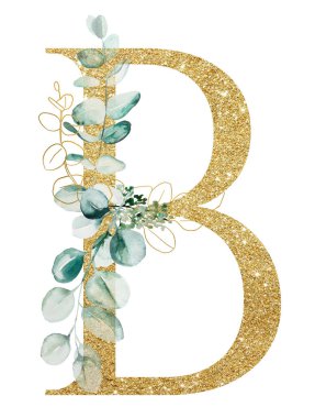 Yeşil suluboya okaliptüs dallarıyla süslenmiş altın harf B beyaz üzerine izole edilmiş. Yeşil yapraklı parlayan alfabe harfleri. Düğün kartları için botanik öğesi, tatil kırtasiyesi