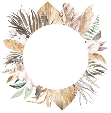 Tropikal ve pamuk çiçekleriyle suluboya bohem yuvarlak çerçeve, kurutulmuş palmiye yaprakları ve fotokopi alanı izole edilmiş pampa çim çizimi. Düğün tasarımı için bej elementler, tebrik kartları, el işi.