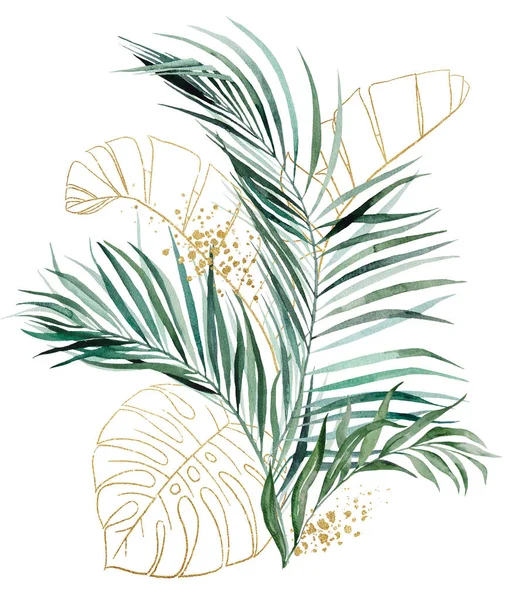 Золотий Букет Зеленою Золотистою Акварельною Тропічною Долонею Ілюстрацією Листя Банана — стокове фото