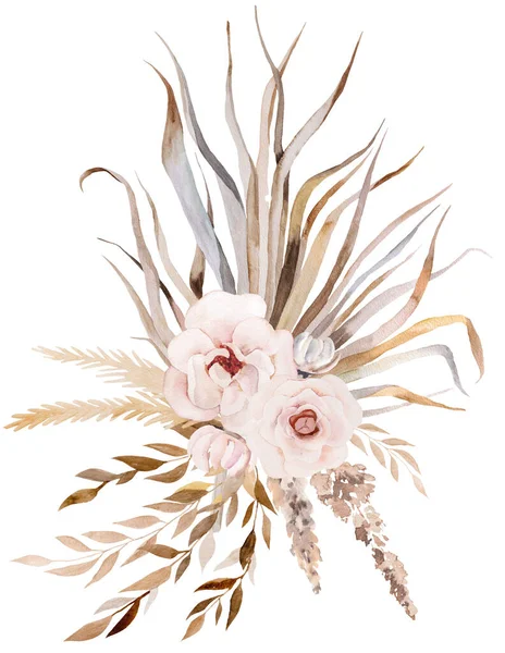 Akvarel Bohemian Kytice Tropickými Bavlněnými Květy Sušené Palmové Listy Pampas — Stock fotografie