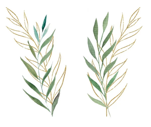 Green Golden Watercolor Botanical Leaves Illustration Elegant Element Wedding Design — Stock Photo, Image