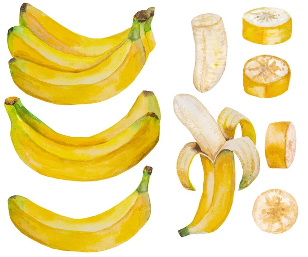 Banane Mature Gialle Acquerello Intero Mezzo Banana Pelati Pezzi Illustrazione — Foto Stock