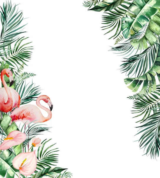 Акварель Фламінго Межує Тропічним Листям Ілюстрацією Квітів Зелений Елемент Весільного — стокове фото