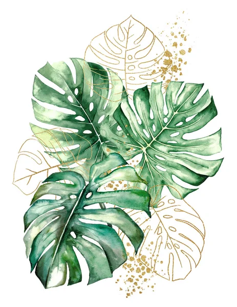 Goldener Strauß Mit Grünen Und Goldenen Aquarell Tropischen Monsterblättern Illustration — Stockfoto