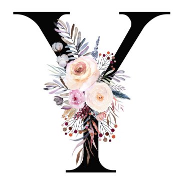 Beyaz üzerine izole edilmiş pastel suluboya kış buketi içeren siyah Y harfi. Yaprakları, böğürtlenleri ve çiçekleri mavi, lavantası ve pembesi olan bir kış mektubu. Düğün tasarımı için alfabe çiçek elementleri